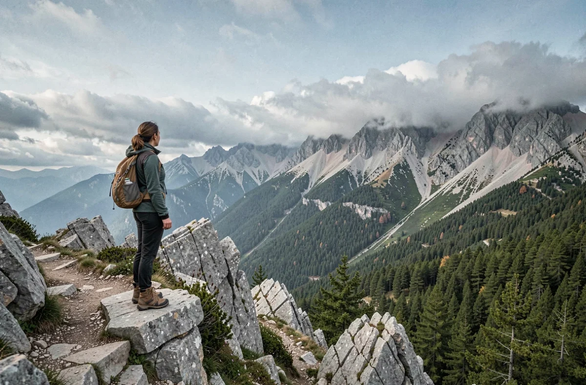 Randonneuse contemplant le mont Olympe depuis un sentier rocheux alpin en Macédoine grecque
