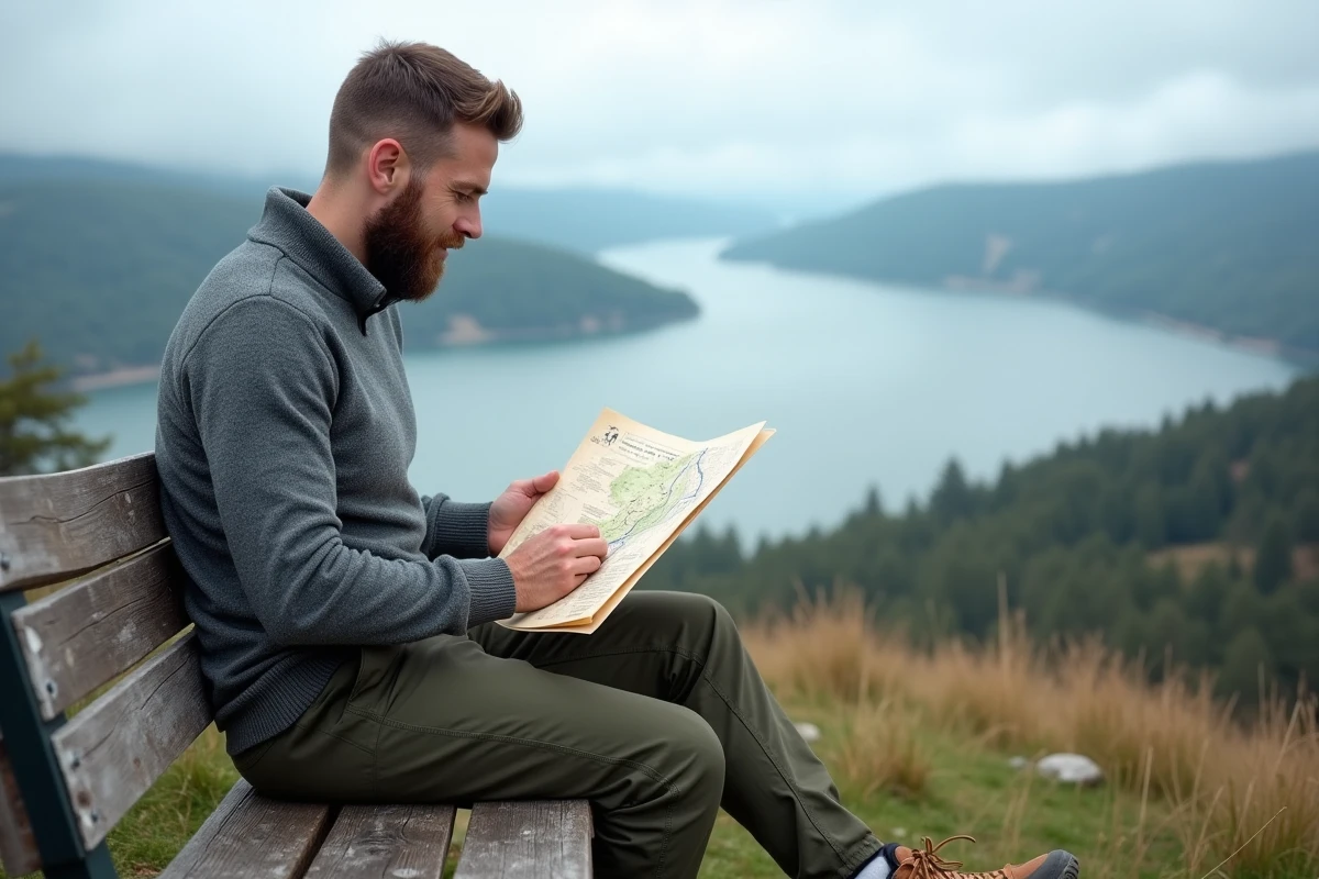 Randonneur consultant une carte du sentier au bord du lac de Gérardmer avec vue panoramique sur les Vosges