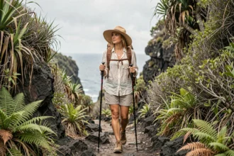 Randonneuse sur le sentier côtier menant à la Plage des 3 Pointes, entourée de végétation tropicale et de falaises rocheuses