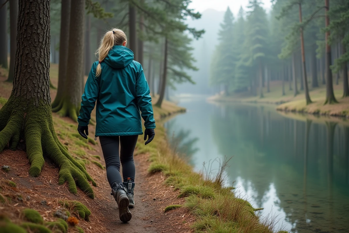Randonneuse marchant sur le sentier forestier longeant le lac de Gérardmer en automne dans les Vosges