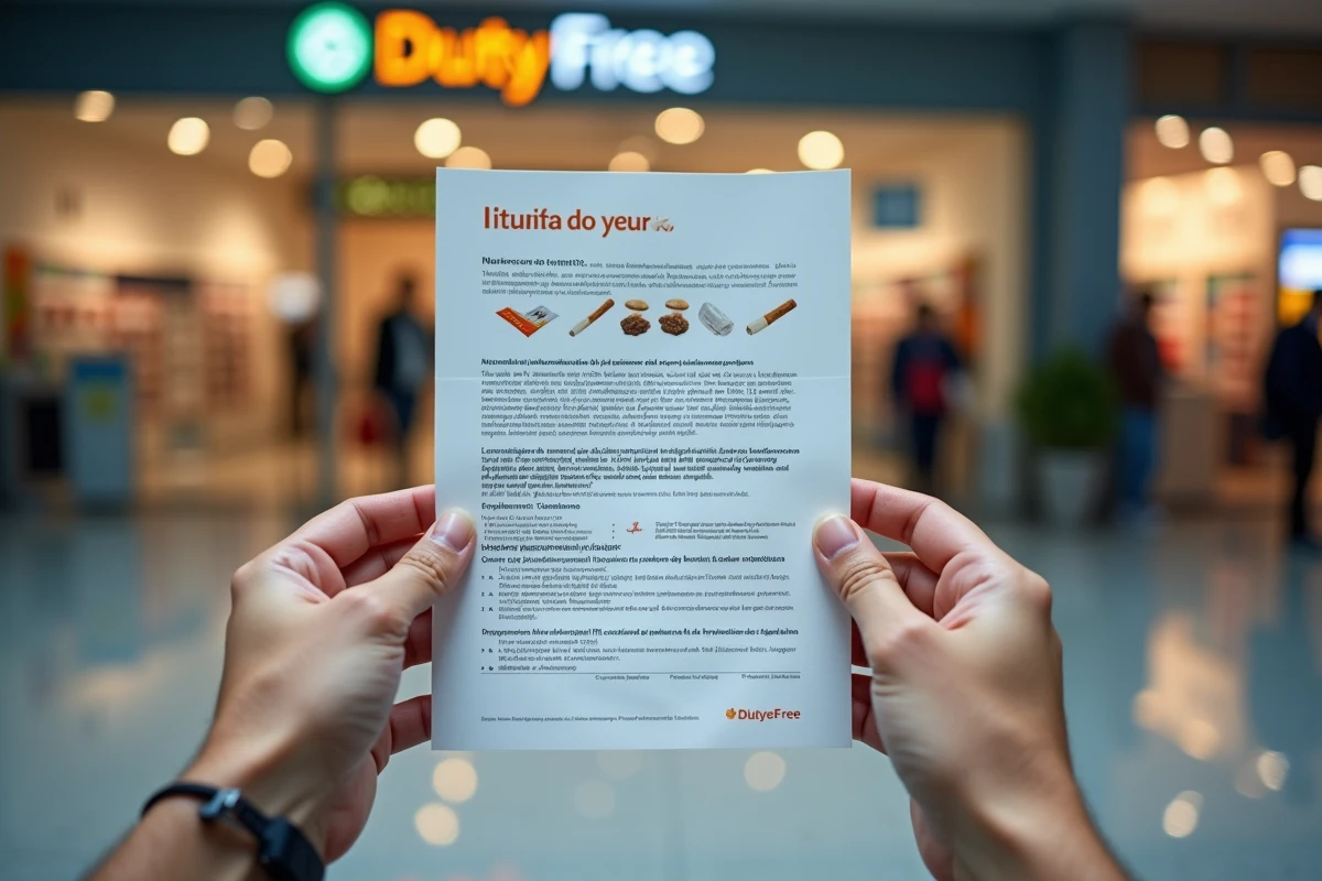 Mains tenant une brochure officielle espagnole sur les limites d'importation de tabac dans un terminal d'aéroport international