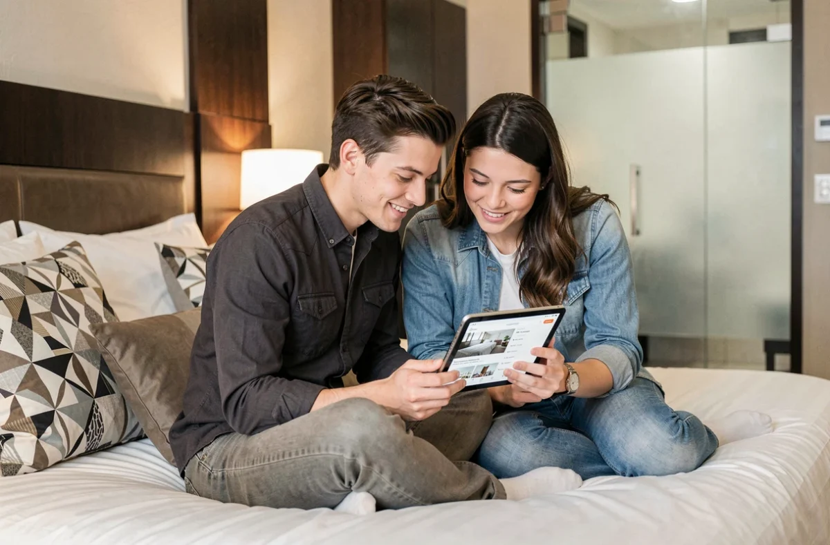 Couple consultant une application de réservation d'hôtel à la journée sur une tablette assis sur un lit dans une chambre moderne