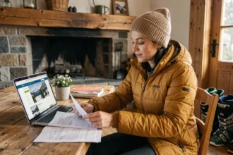 Femme consultant une réservation de location aux Menuires dans un appartement de chalet alpin pour les vacances de Noël
