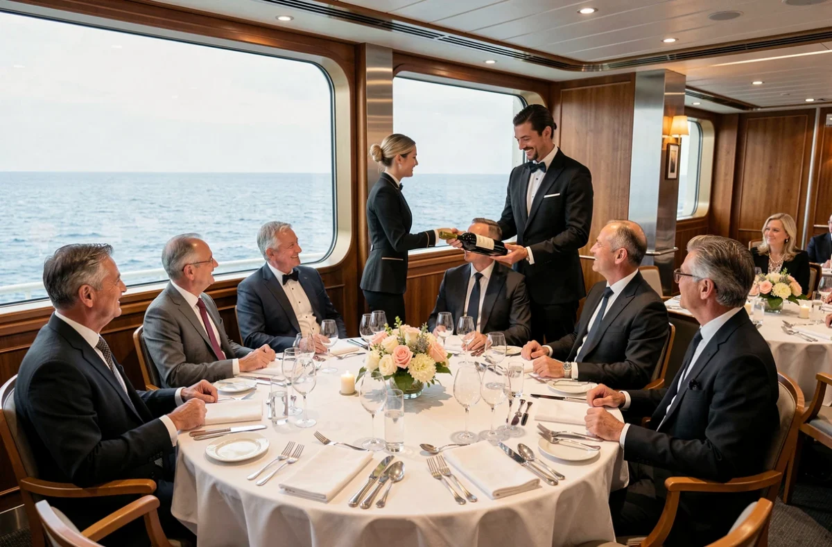 Restaurant gastronomique élégant à bord d'un bateau de croisière Ponant avec vue sur l'océan