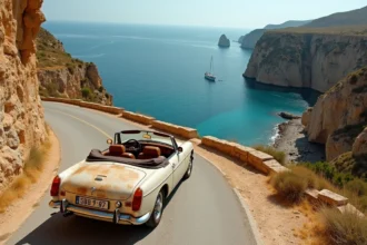 Road trip en Sicile avec une voiture décapotable vintage garée sur une route côtière surplombant la mer Méditerranée