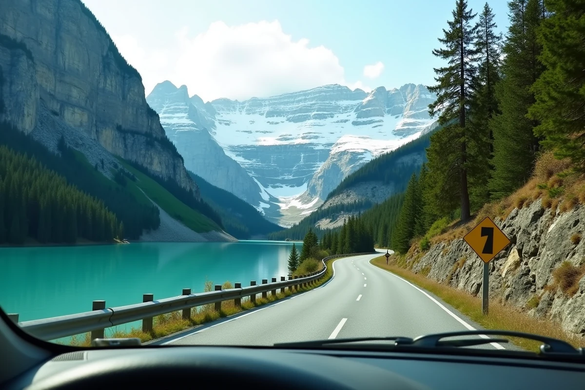 Route de montagne sinueuse longeant un lac turquoise dans la région du Salzkammergut en Autriche, vue depuis l'intérieur d'une voiture en road trip