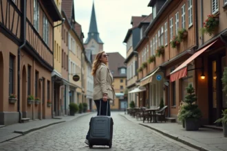 Femme avec valise marchant dans une rue piétonne historique de Speyer en Allemagne