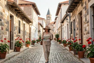 Femme explorant une ruelle pavée de Thessalonique avec architecture ottomane et église byzantine en arrière-plan
