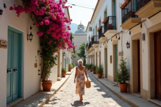 Ruelle pavée du quartier Plaka à Athènes avec bougainvillées et architecture néoclassique blanche