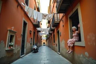 Ruelle authentique du quartier Quartieri Spagnoli à Naples avec étendages de linge colorés et façades en terre cuite
