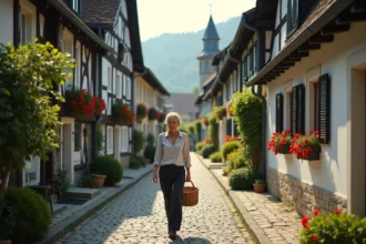 Ruelle pavée authentique d'un village bavarois avec maisons à colombages et géraniums rouges, femme se promenant avec un panier en osier