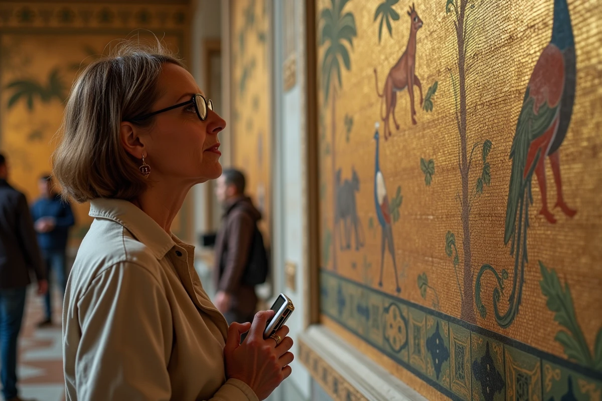 Touriste admirant les mosaïques de la Salle de Roger au Palais des Normands de Palerme représentant des animaux exotiques