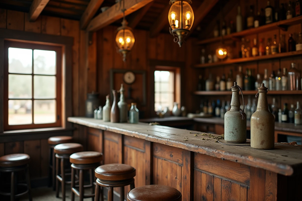 Intérieur désert du saloon western du parc Oasys Mini Hollywood en Espagne pendant la basse saison, avec comptoir en bois et accessoires vintage