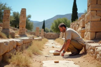 Site archéologique minoen en Crète avec des ruines de colonnes restaurées et un archéologue étudiant des artefacts anciens