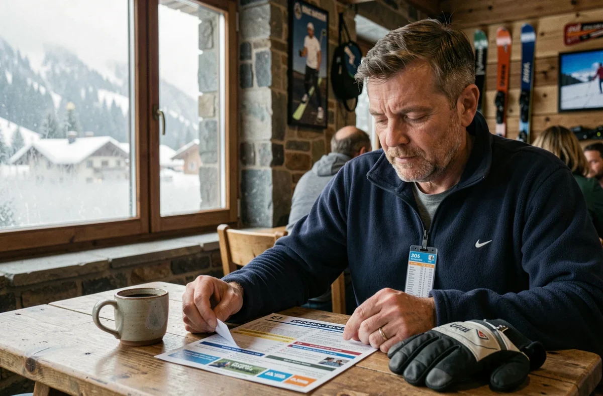 Skieur examinant une brochure de forfaits de ski à La Plagne dans un café de montagne