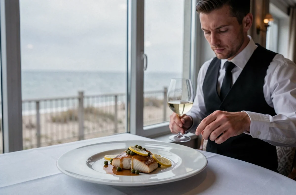 Sole meunière dressée sur assiette dans un restaurant gastronomique de Deauville avec vue sur la mer