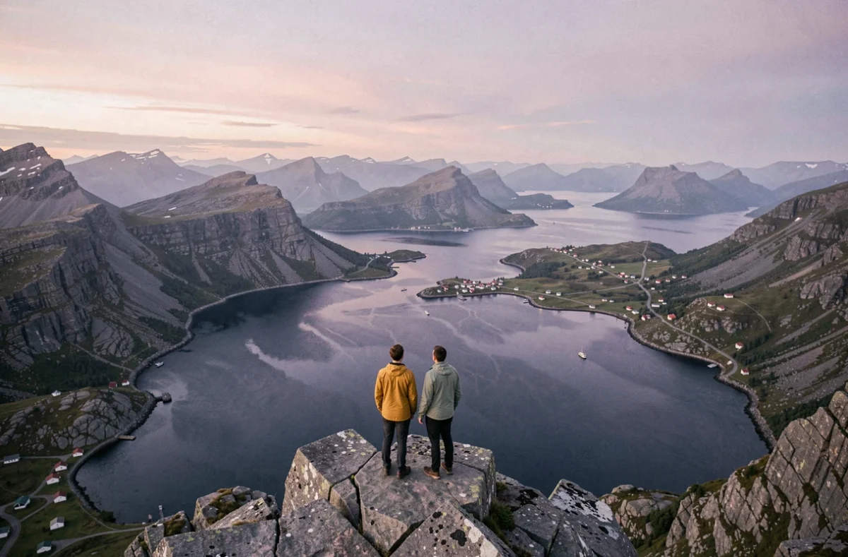 Deux randonneurs au sommet du Reinebringen contemplant le panorama des fjords et du village de Reine dans les îles Lofoten sous le crépuscule arctique estival