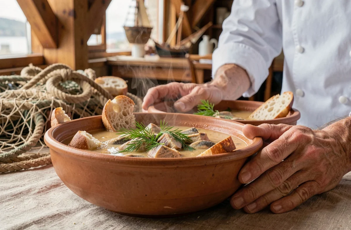 Soupe de poisson normande servie dans un bol en céramique dans une brasserie de Honfleur