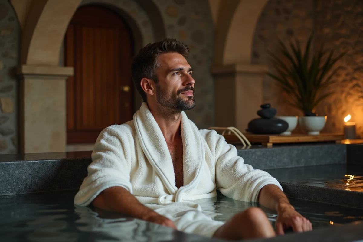 Homme en peignoir se relaxant dans un bain hydro-massage d'un spa d'hôtel de luxe à Paris