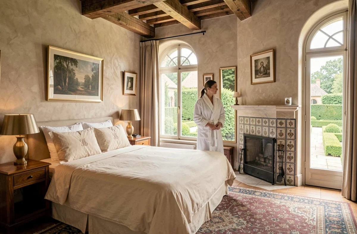 Suite luxueuse dans un hôtel du Nord avec poutres apparentes, linge blanc et vue sur jardin intérieur