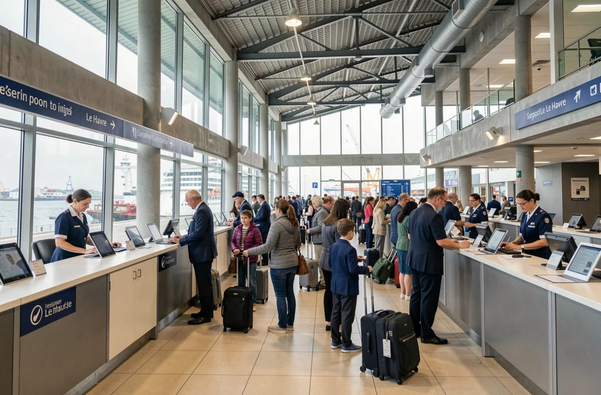 Terminal de croisière du Havre avec des passagers en train d'embarquer pour une croisière nordique
