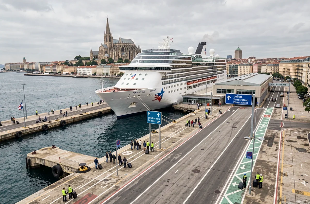 Vue du terminal de croisière de Marseille avec un paquebot amarré au quai de la Joliette