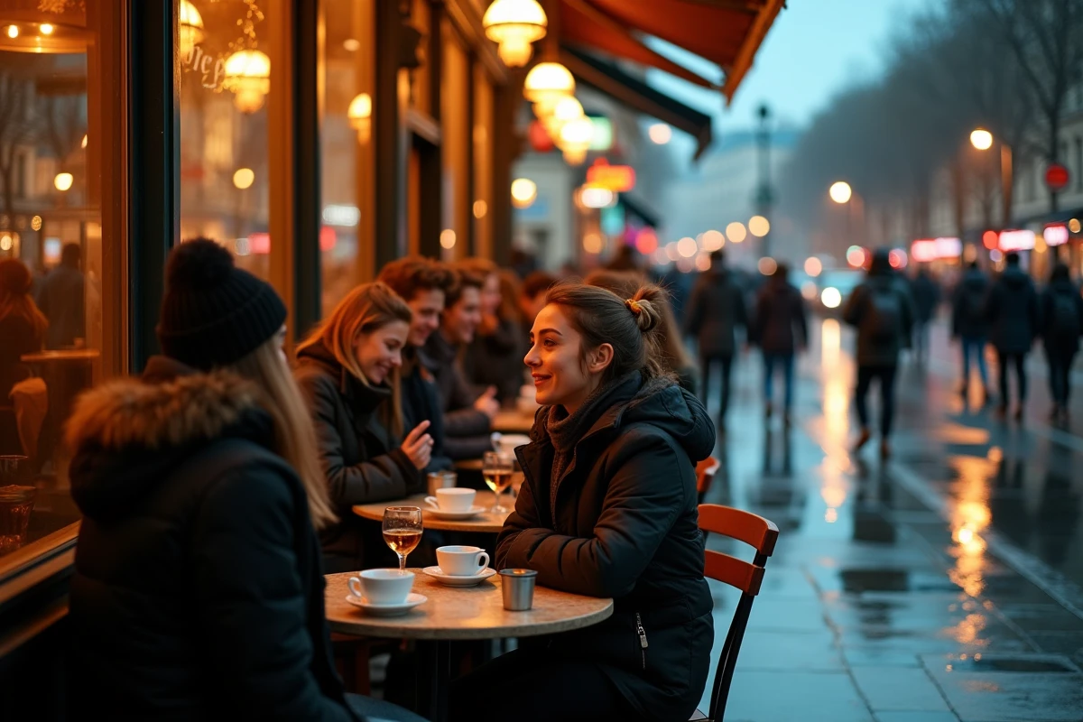 Terrasse de café animée en bordure de la Place de la République à Paris au crépuscule avec des jeunes adultes parisiens