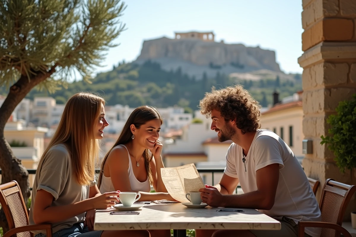 Terrasse de café à Plaka Athènes avec vue sur l'Acropole en arrière-plan