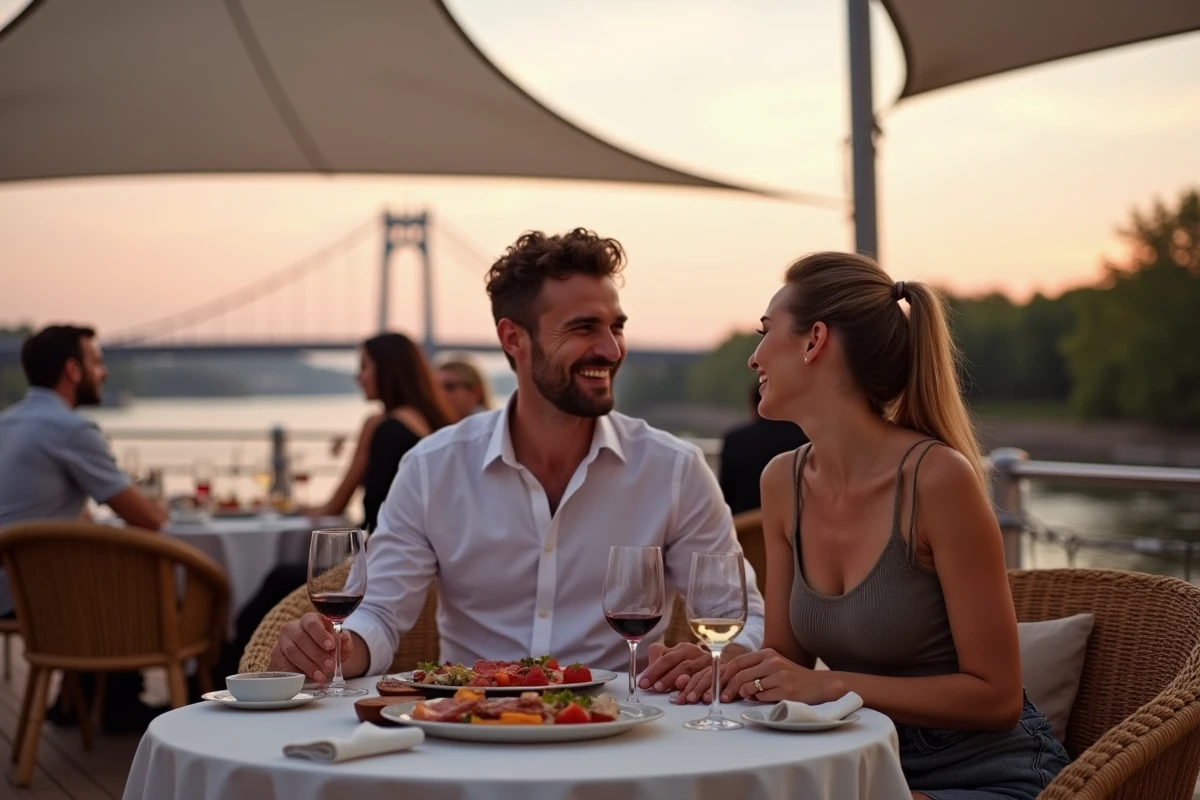 Terrasse d'une péniche privatisée à Toulouse lors d'un dîner estival avec vue sur le Pont Neuf et la Garonne en soirée