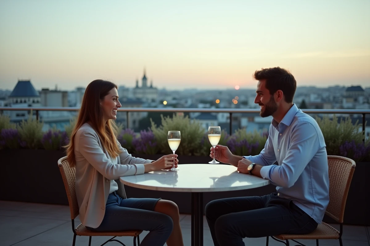 Couple profitant d'un cocktail en terrasse rooftop d'hôtel avec vue panoramique sur les toits de Paris au crépuscule