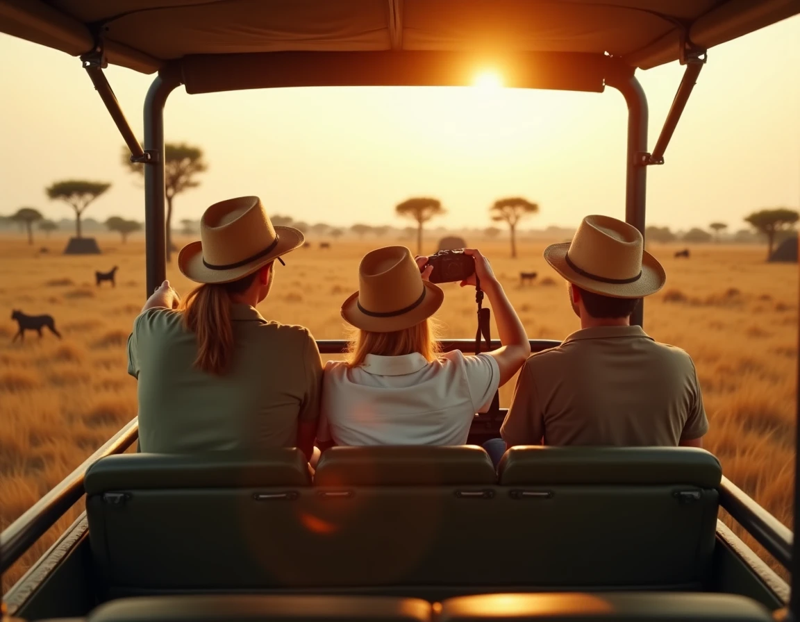 Groupe de touristes en safari dans un jeep découvert au parc national de Yala au Sri Lanka, regardant des photos sur un appareil photo