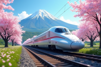 Train Shinkansen traversant la campagne avec mont Fuji en arrière-plan