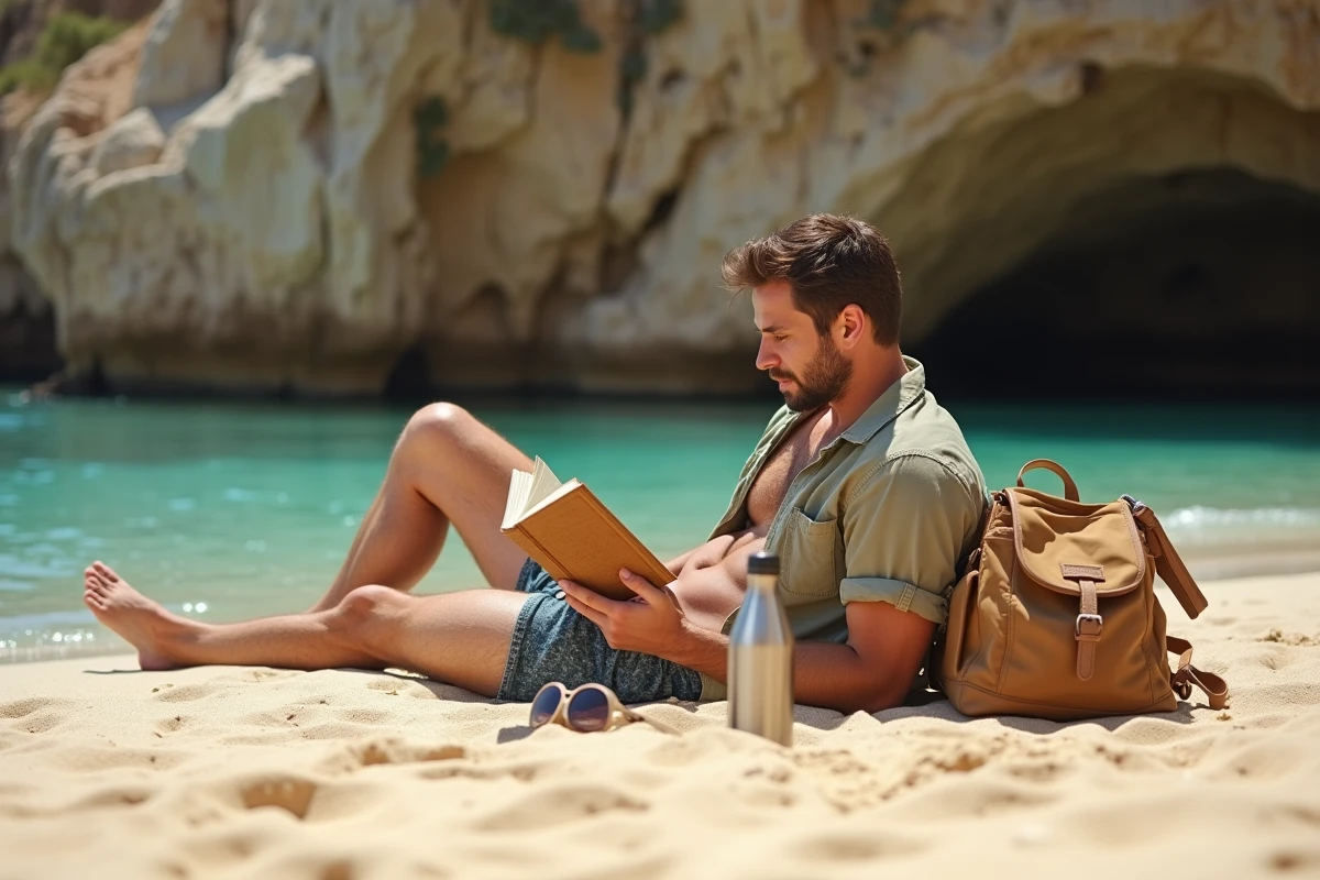 Homme lisant un livre sur une plage de sable isolée lors d'un voyage en août économique, crique méditerranéenne préservée