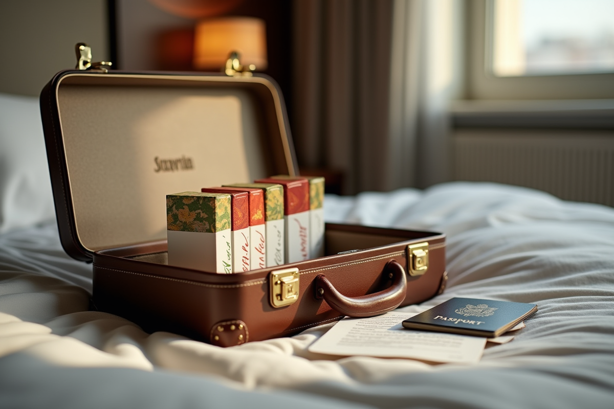 Valise ouverte avec cigarettes et passeport sur lit