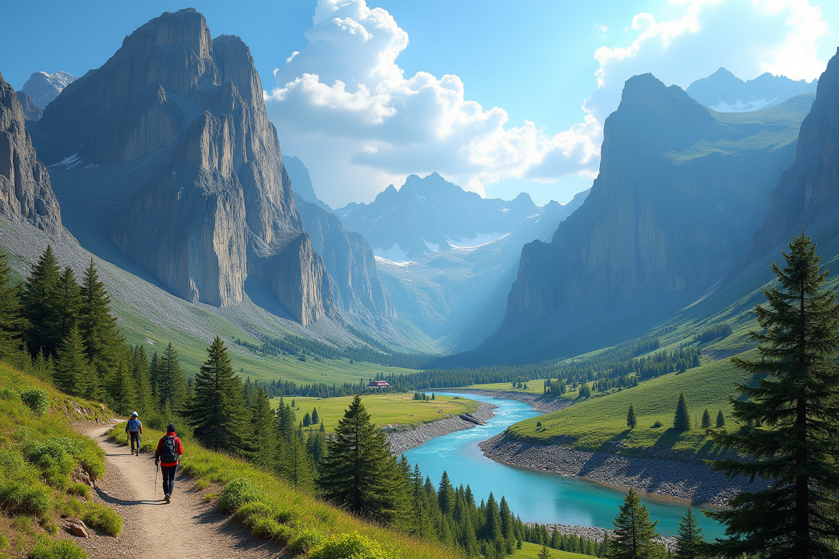 Vallée avec rivière et randonneurs au pied de la montagne