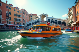 Vaporetto coloré sur le Grand Canal à Venise avec le Rialto