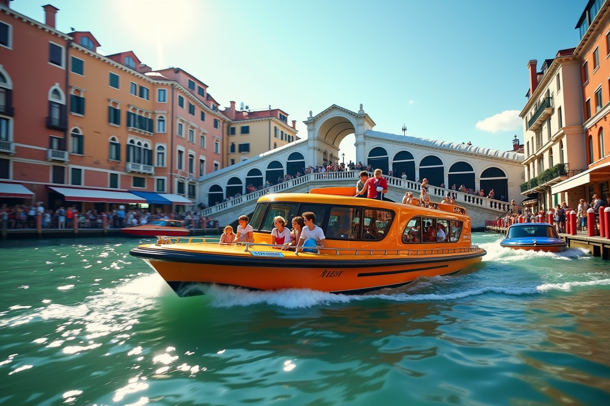 Vaporetto coloré sur le Grand Canal à Venise avec le Rialto