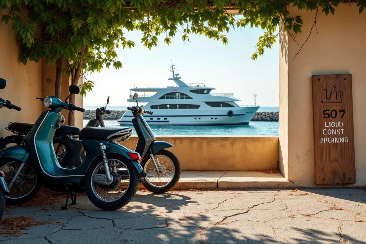 Vélos et scooters garés à moindre coût près de l'embarcadère de la Tour Fondue avec vue sur le ferry pour Porquerolles