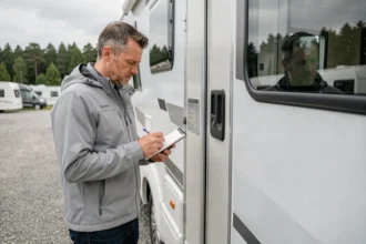 Homme inspectant la plaque de conformité d'un camping-car Hymmer pour vérifier le PTAC et la charge utile