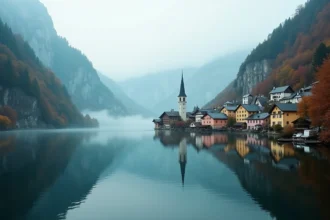 Vue panoramique du village de Hallstatt et son reflet sur le lac au lever du matin, entouré de falaises boisées en automne, Salzkammergut, Autriche