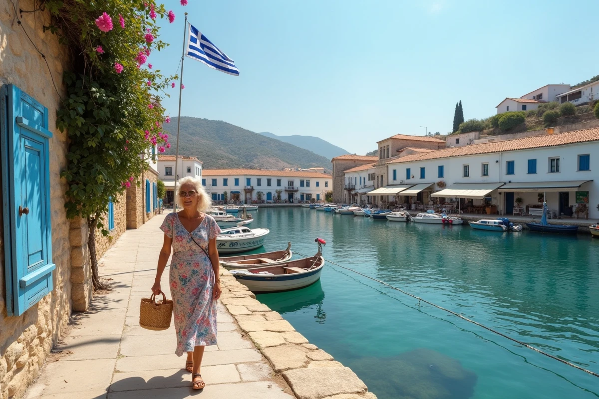 Village portuaire traditionnel crétois avec des maisons blanchies à la chaux, des bateaux de pêche et un drapeau grec