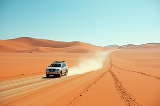 Véhicule 4x4 seul sur une route poussiéreuse dans le désert du Namib