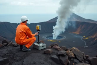 Volcanologue en combinaison de protection orange analysant un sismographe portable sur les flancs de l'Etna en activité, avec un panache de cendres s'élevant du cratère en arrière-plan