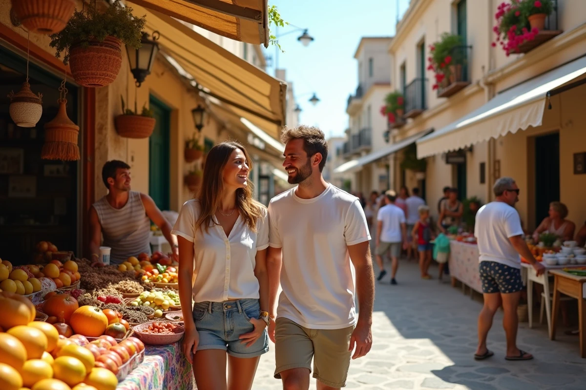 Couple visitant un marché local coloré dans une ville côtière, idée de voyage en août pas cher en Europe du Sud