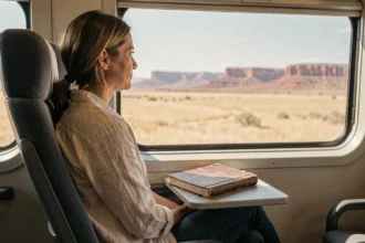 Femme regardant par la fenêtre d'un train traversant les grands espaces américains du Sud-Ouest