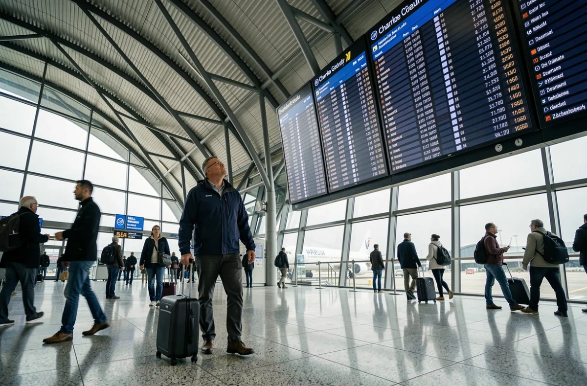 Voyageur consultant les tableaux de départ à l'aéroport Charles de Gaulle avant un vol pour la Thaïlande
