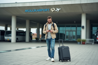 Homme souriant avec valise devant l'entrée de l'aéroport de Kayseri