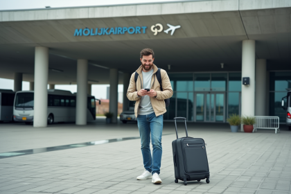 Homme souriant avec valise devant l'entrée de l'aéroport de Kayseri