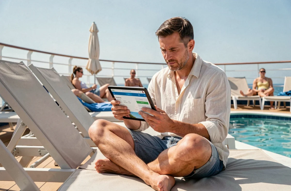Voyageur solo consultant une application de réservation de croisière sur sa tablette depuis le pont piscine d'un paquebot