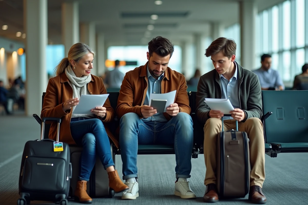 Famille de voyageurs consultant leurs documents d'immigration dans la zone de récupération des bagages à l'aéroport LaGuardia